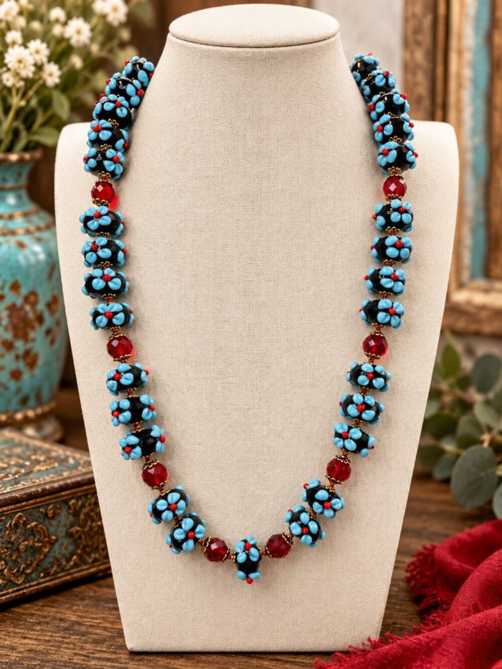 #7 FLASH Imported lampwork Flower black and Blue 24 inch handknotted